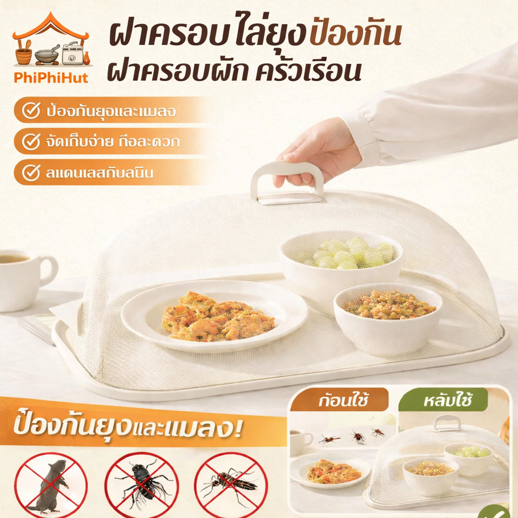 PPH ฝาชีครอบอาหารสแตนเลส 304 แบบนิ่ม ระบายอากาศได้ดีและน้ำหนักเบา ปกป้องโต๊ะอาหาร ป้องกันยุง หนู และมด