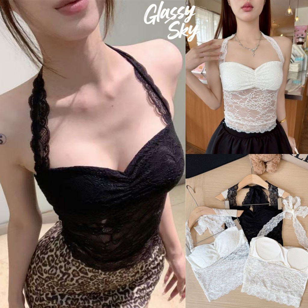 Glassy Sky💖พร้อมส่ง💖 เสื้อคล้องคอ มีฟองน้ำ เว้าหลัง เซ็กซี่ ดีเทลลูกไม้ สีพื้น (FY2255)