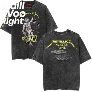 (จัดส่งตลอด 24 ชั่วโมง)Woo Right ชายเสื้อยืดสีดำฟอกขาวรอบคอ "METALLICA คอลเลกชัน" พิมพ์เสื้อหลวมพอดีวินเทจทำเก่าด้านบน