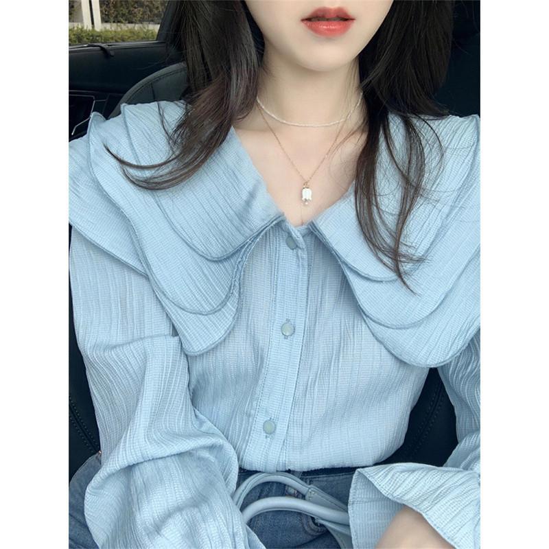 เสื้อเชิ้ตคอระบาย แขนยาว ผ้านุ่มใส่สบาย กันแดด แขนจั๊ม แฟชั่นฤดูร้อน สไตล์คุณหนู-พร้อมส่งจาก กทม.-รุ่นw647