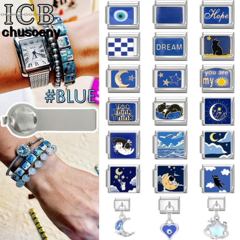 💙ฐานเงิน Blue Series Italian Design สร้อยข้อมือลิงค์ฟิต 9 มม. DIY Flower & Butterfly Charm Module Bracelet สไตล์เรโทร