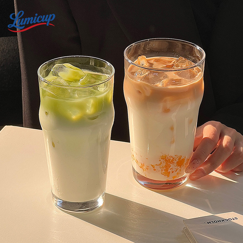 แก้วกาแฟไอซ์กระจกใสทรงเอวสูง สไตล์อินส์ ขนาดใหญ่ แก้วชาเย็น/ลาเต้ ทนทาน