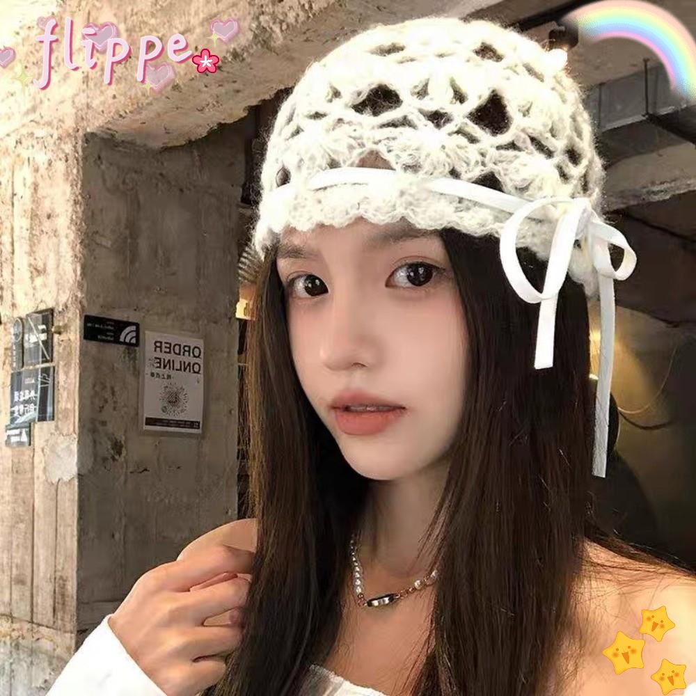 FIPE หมวกถัก,สไตล์เกาหลีพร้อมหมวกผู้หญิงปม,หมวกถักโครเชต์ดีไซน์กลวงแฟชั่นฤดูใบไม้ผลิ