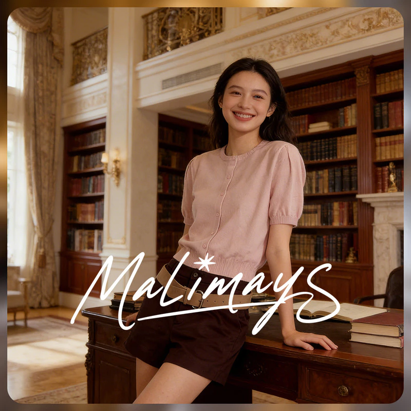 MALIMAY Macaron knit top Short Sleeve Cardigan การ์ดิแกนสั้นแขนตุ๊กต ผ้าถักนุ่ม 3สี ดีไซน์ปุ่มหน้า สไตล์วินเทจสบายๆ Q8