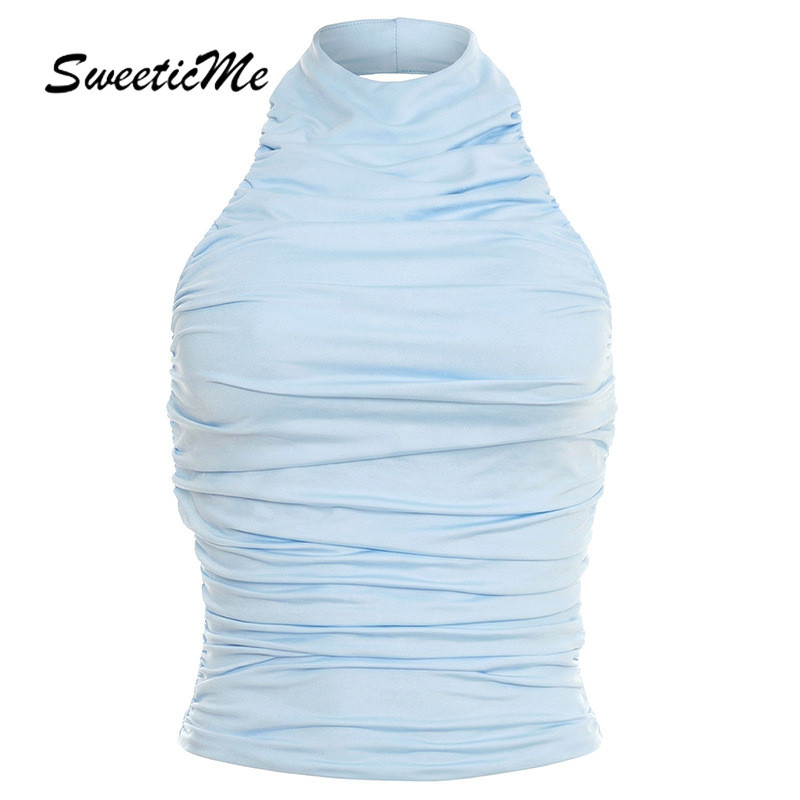 SweeticMe Camisole สตรี สไตล์ Crinkle ลายพิมพ์เรียบ ดีไซน์Halтер สำหรับลุคแฟชั่นเซ็กซี่