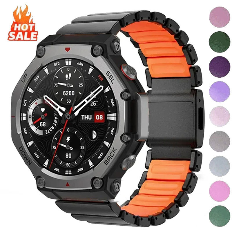 สายยางไทเทเนียมหรูหราสําหรับ Huami Amazfit T-Rex 3 2 1 หัวเข็มขัดแม่เหล็ก correa Band สําหรับ T-Rex 3Pro 48 มม.T-Rex pro อุปกรณ์เสริม