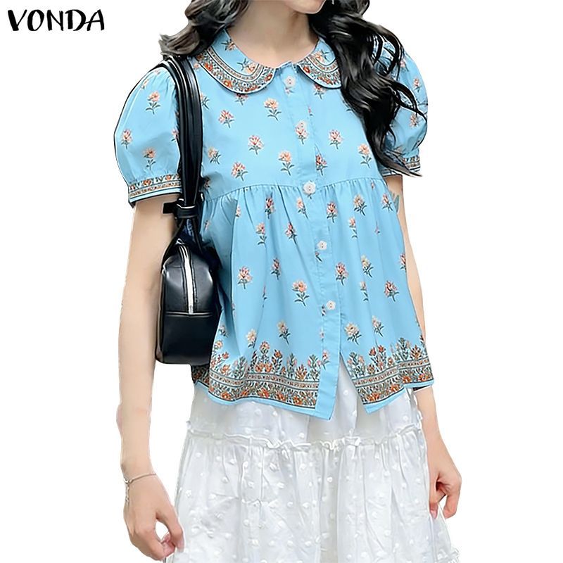 VONDA เสื้อสไตล์เกาหลีสำหรับผู้หญิง ดีไซน์ปุ่ม A-line กับตุ๊กตาคอพัฟและแขนพิมพ์ลายดอกไม้