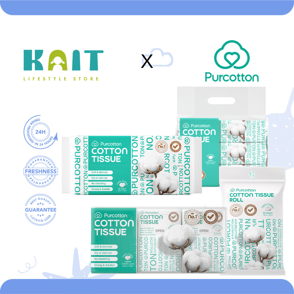 PURCOTTON Cotton Tissue Pull-out Type(20x20cm 60s)/Pocket Pack (21x21cm, 8 แผ่น X 6 แพ็ค)/ทิชชู่ม้วน