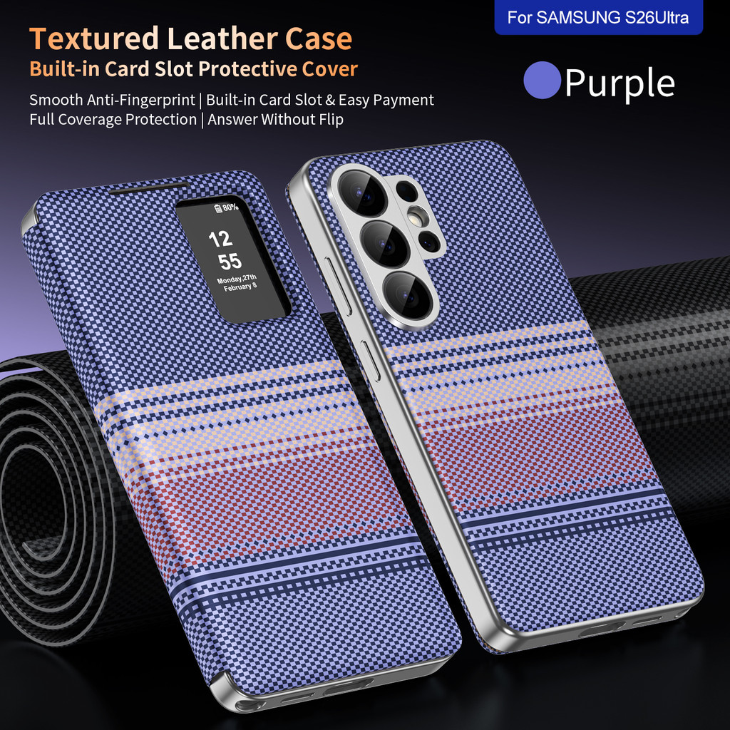 SAMSUNG หรูหราธุรกิจสมาร์ทหน้าต่างสีม่วงฝาครอบโทรศัพท์สําหรับSamsung Galaxy S26 Ultra S26 S22 S23 S24 S25 Ultra S24 S25 Plus S23FEช่องเสียบการ์ดป้องกันกรณี