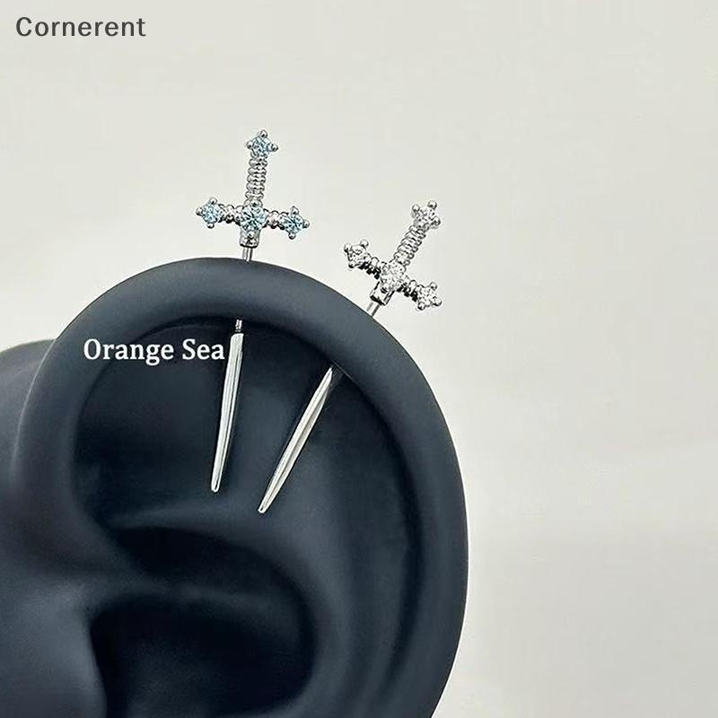ดาบรูป Rhinestone Cross ต่างหูสําหรับผู้หญิงผู้ชาย Punk Zircon Floating Helix เจาะหูกระดูกอ่อนเครื่องประดับของขวัญคู่