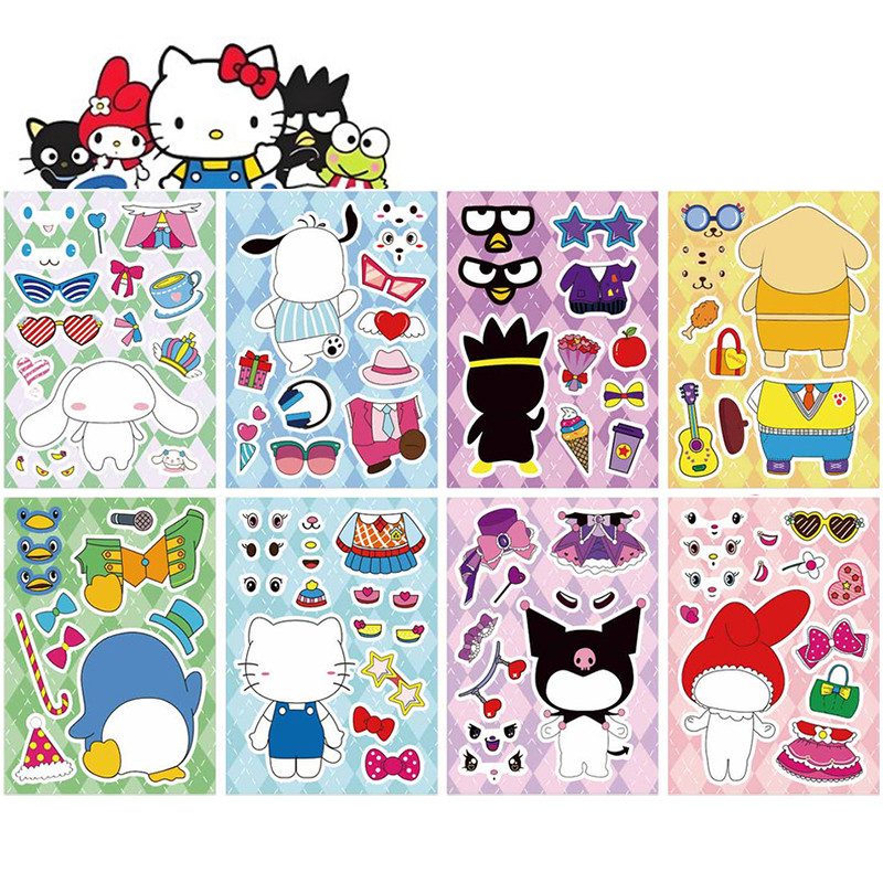 8PCS Sanrio สติกเกอร์ปริศนาการ์ตูนน่ารักอะนิเมะ Make A Face สติกเกอร์ปริศนาสร้างสรรค์