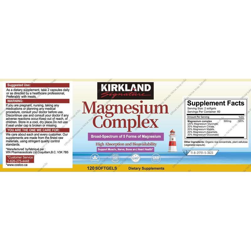 KIRKLAND 5-in-1 Magnesium Complex 500 มก. - 5 รูปแบบการดูดซึมสูงสำหรับการนอนหลับและสุขภาพหัวใจ