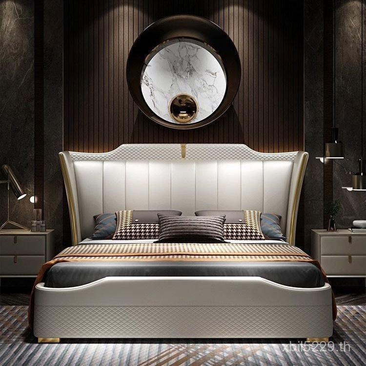 Gold-Plated 1.8 โมเดิร์นโมเดิร์น Nordic ข้าวหรูหราหรูหรา Master แนวนอนเตียงคู่ของแท้หนัง Influencer 