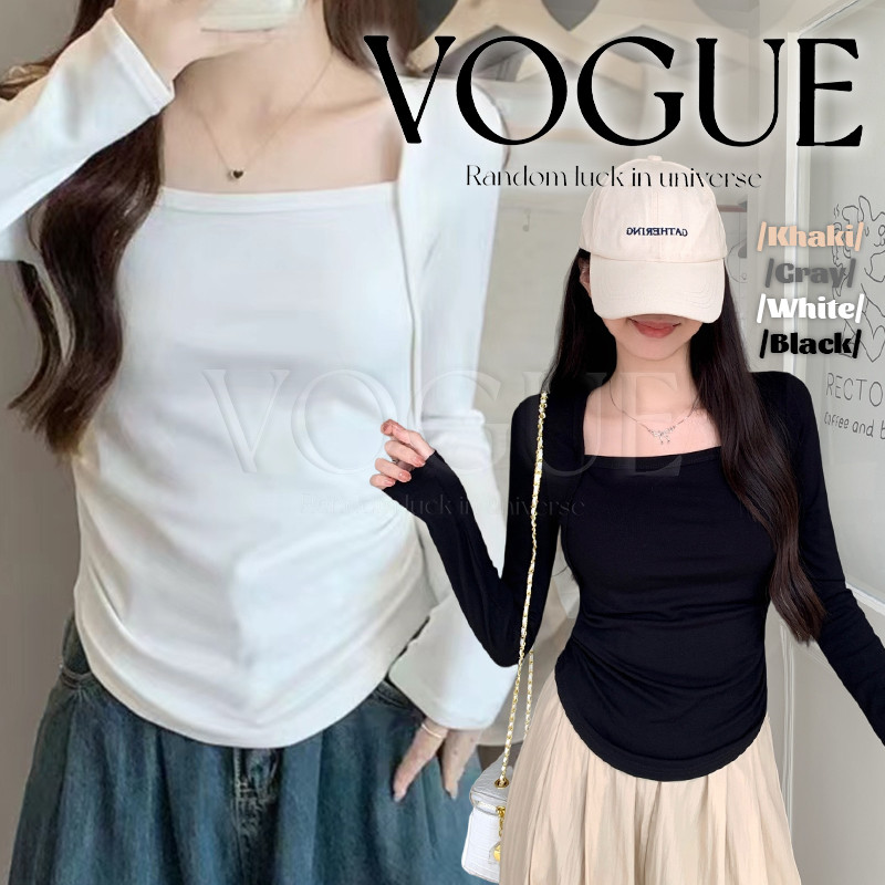 Vogue🌟พร้อมส่ง🌟 เสื้อยืดแขนยาว ทรงรัดรูป ใส่ง่าย สีดำ สไตล์มินิมอล (FY3458)