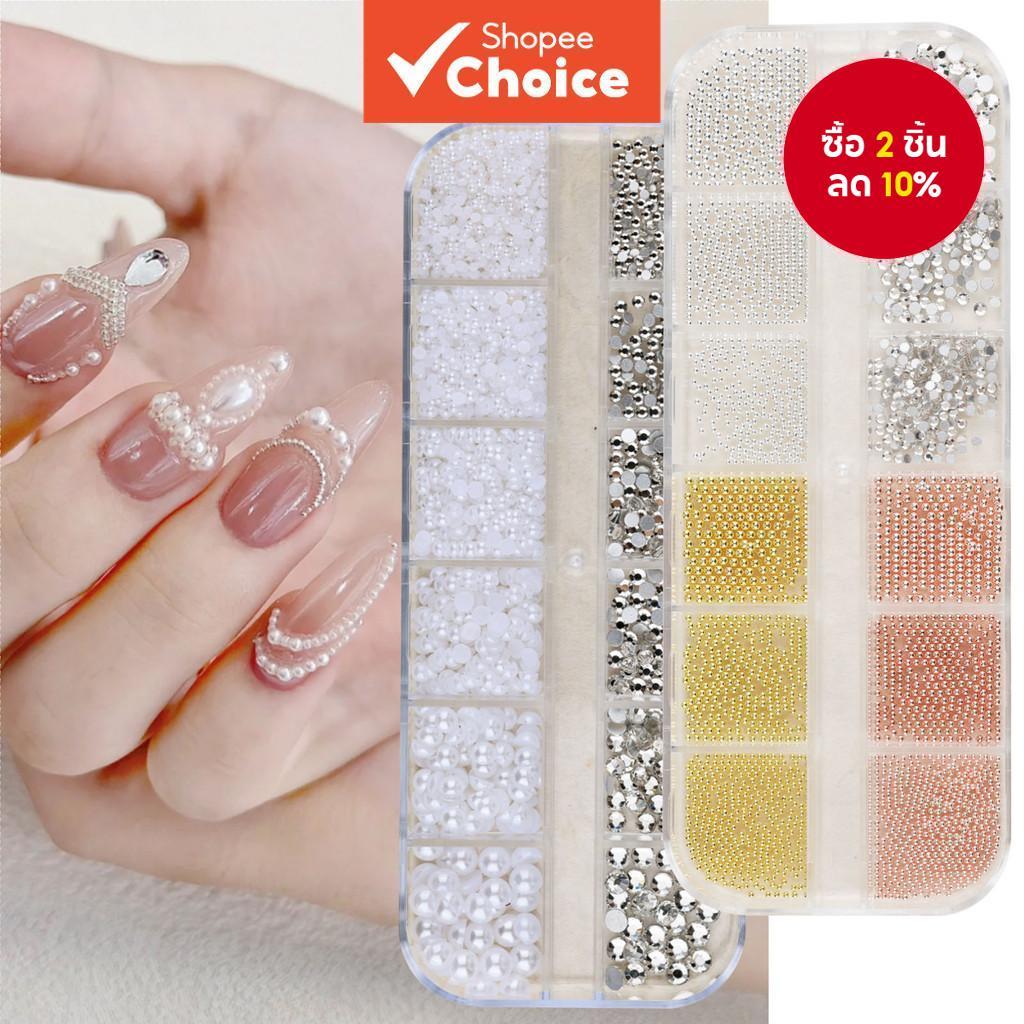 1 กล่อง 3D คละไซส์เล็บ Studs Gold Silver Mini โลหะ Caviar ลูกปัด Pearl Accents แบนกลับแก้ว Rhinestones สําหรับ DIY Decor