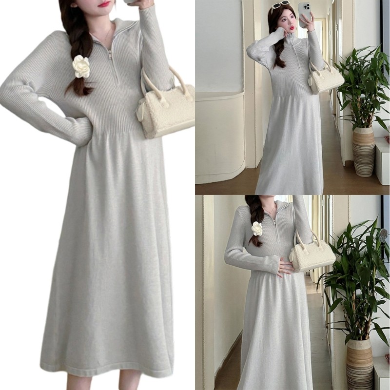 BTF ชุดเดรสถักคุณลักษณะปรับคอและตัดเส้นสําหรับฤดูใบไม้ร่วงฤดูหนาวสไตล์ชุดคลุมท้อง
