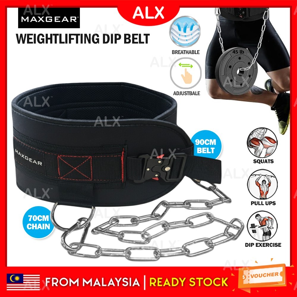 ALX MAXGEAR Dip Belt with Chain Heavy Duty Weighted Pull Up Belt Squat เอวสนับสนุน Tali Pinggang Gym