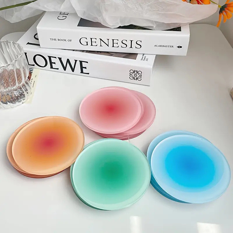 แผ่นรองแก้วอะคริลิคไล่สีรุ้งสะท้อนแสง สีดำโปร่งใส ทันสมัย สำหรับเครื่องดื่มและตกแต่งบ้าน