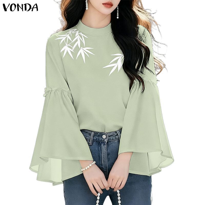 VONDA เสื้อผ้าสไตล์เกาหลีสำหรับผู้หญิง ออกแบบแบบหรูหรา สไตล์แขนบานระบายลายใบไม้ไผ่