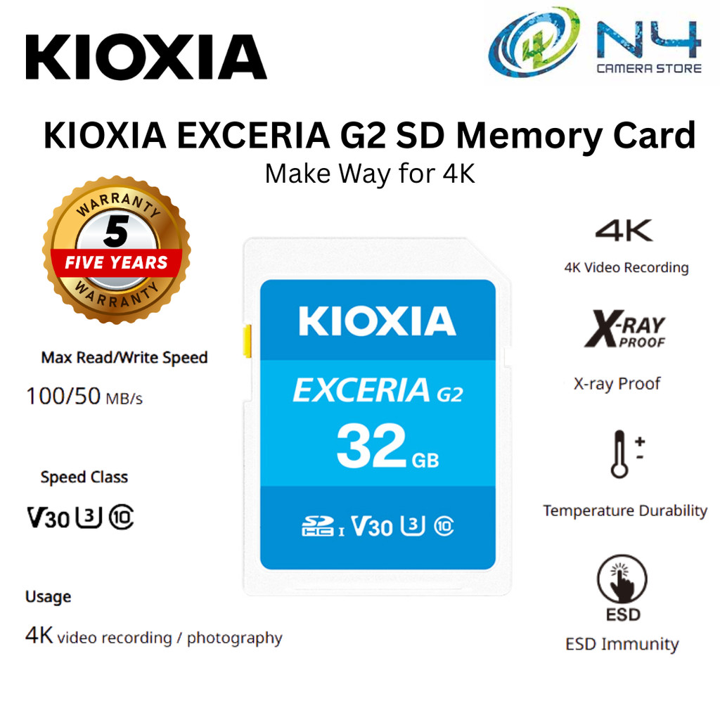การ์ดหน่วยความจํา KIOXIA EXCERIA G2 SD 32GB 100MB V30 สําหรับบันทึกวิดีโอ 4K / การถ่ายภาพ