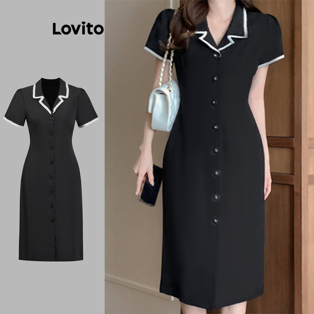 Lovito ชุดเดรสผู้หญิง มีกระดุม สีพื้น แต่งขอบสี สไตล์หรูหรา L104ED692