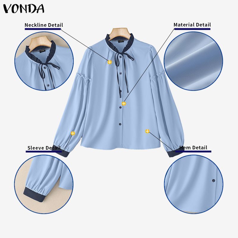 VONDA เสื้อแขนยาวสไตล์เกาหลี ลายบล็อกสีดำและลูกไม้ เปิดหน้าแบบเอช เชิญชวนให้คุณสวมใส่ในสไตล์สบายๆ — صورة 7