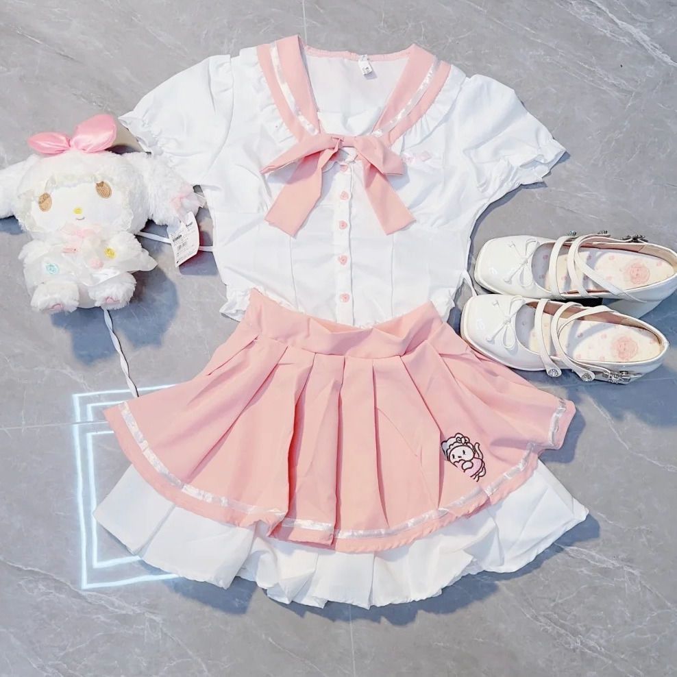 Coconut Academy Girl Pink Navy Pink Navy Bubble Dress ชุดสองชิ้นมะพร้าว Academy Girl Pink Navy Bubbl