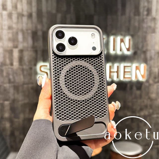 รังผึ้งกระจายความร้อนแม่เหล็กดูดเหมาะสําหรับ แอปเปิล 17โปรแม็กซ์ เคสโทรศัพท์โลหะพับยืน ไอโฟน 16 ฝาครอบป้องกัน 15/14/13/12/11 รวมทุกอย่างฝาครอบป้องกันการตก
