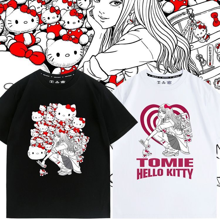 เสื้อยืดแขนสั้นหนุ่มๆ ลายพิมพ์จาก Junji Ito x Sanrio Tomie Hello Kitty ผ้าฝ้ายแท้ สไตล์เกาหลี ปี 202