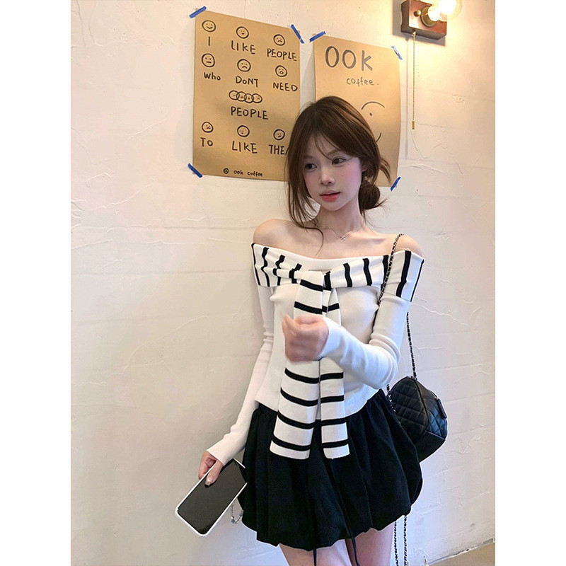 Moses Queen Moses Queenสีดําสีขาวลายเย็บLace-Upไหล่Slim-Fit Slimmerดูถักฤดูใบไม้ร่วง