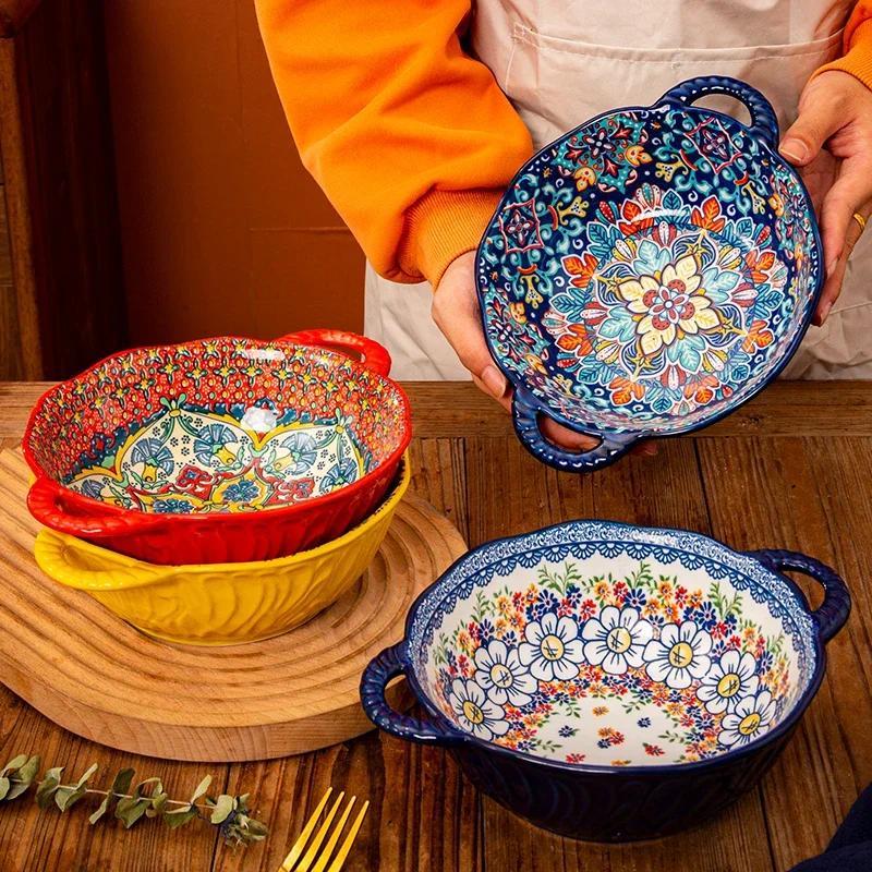 8in Ceramic Soup Bowl Double-Ear Soup Bowl Household Good-looking Salad Large Bowl Popular Restauran