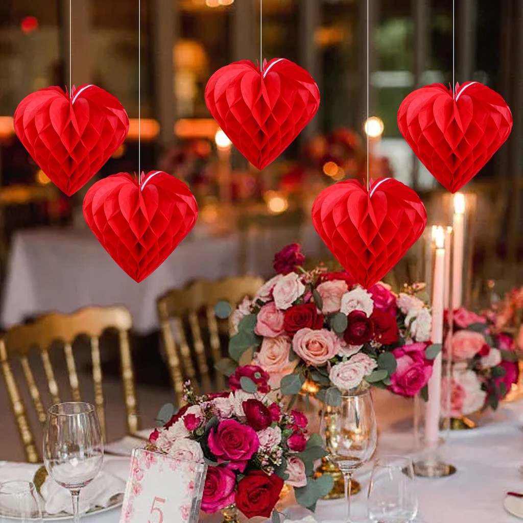 1/3/5ชิ้นวันวาเลนไทน์ตกแต่งงานแต่งงานรูปหัวใจลูกรังผึ้ง,สีแดงกระดาษเพดานตกแต่งผนังสําหรับงานเลี้ยงโรแมนติกฉลอง - รูปที่ 3