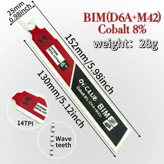 ใบเลื่อยชักตัดเหล็ก BIM (Cobalt 8%) เกรดอุตสาหกรรม ขนาด 6 นิ้ว 14 TPI ตัดเหล็กหนา ท่อเหล็ก ฉาก ตัดไม้มีตะปู ทนทาน คมพิเศษ งานหนัก งานช่างมืออาชีพ