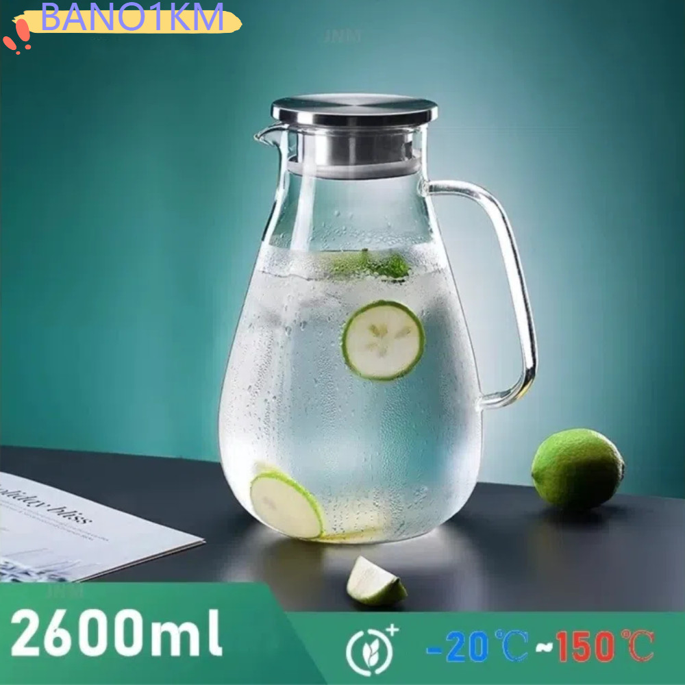 BANO1KM เหยือกน้ําแก้ว, กาต้มน้ําเย็นแก้วต้านทานความร้อน Borosilicate สูงพร้อมฝาปิดความจุขนาดใหญ่ 2600ml เหยือกน้ําชาเย็น