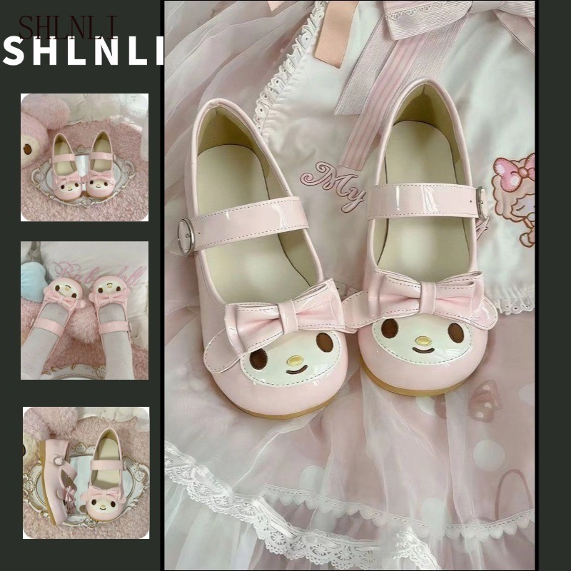 ญี่ปุ่นหวานรอบนิ้วเท้าแบนด้านล่างรองเท้าผู้หญิง น่ารัก โบว์รองเท้าโลลิต้า