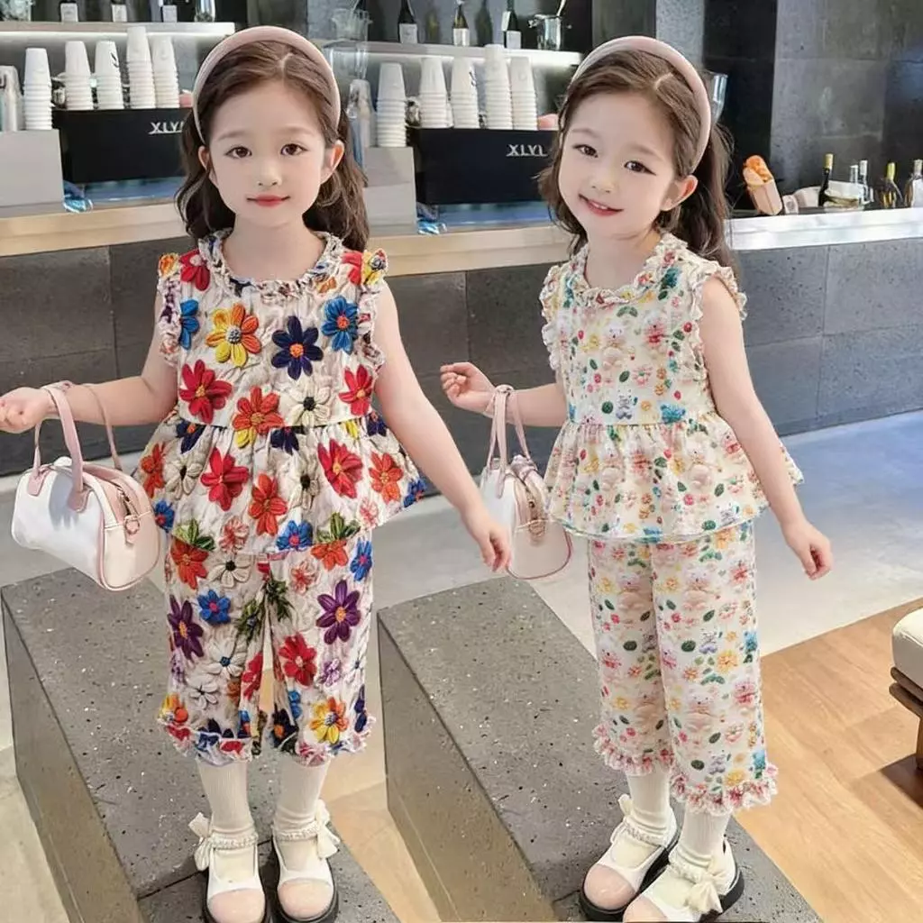 DY06 [รุ่นใหม่ ] ชุดเด็กผู้หญิงฤดูร้อน เสื้อกล้าม+กางเกงขายาว ลายดอกไม้หมีน้อย น่ารักสดใส ผ้าบางเบา