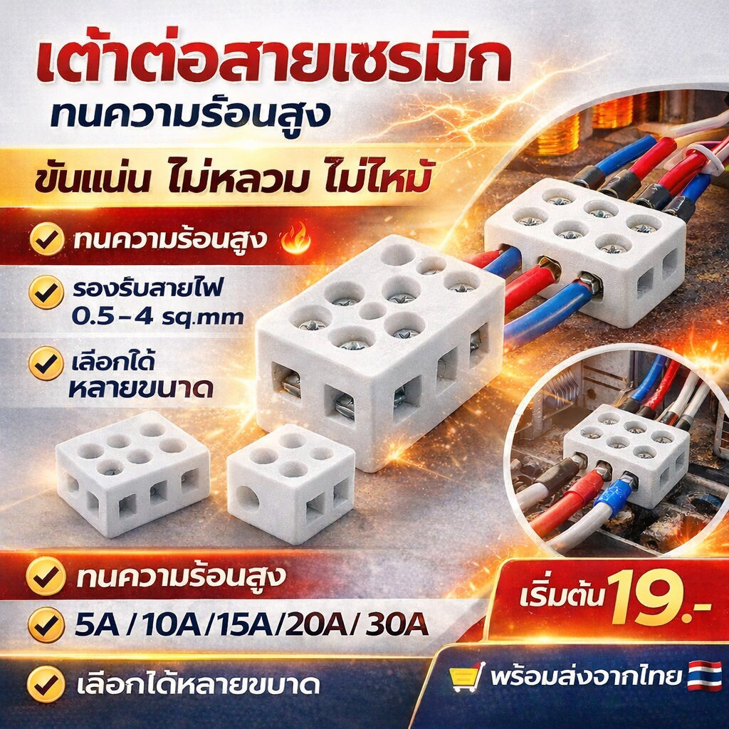 ** ซื้อ 10 ลด 30.- เต๋ากระเบื้องเซรามิก 2-3 ช่อง ขั้วต่อสายไฟ ทนความร้อน รุ่น 5A-30A 500V ใช้กับโคมไฟ เตาอบ งานไฟฟ้า