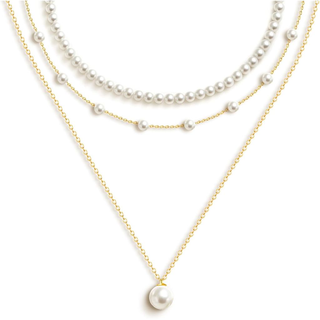 Zeffy Gold Pearl Necklace สไตล์สุภาพสตรี, ประณีต 14K Gold/Silver-Plated Layered Pearl Collar ต่างหูม