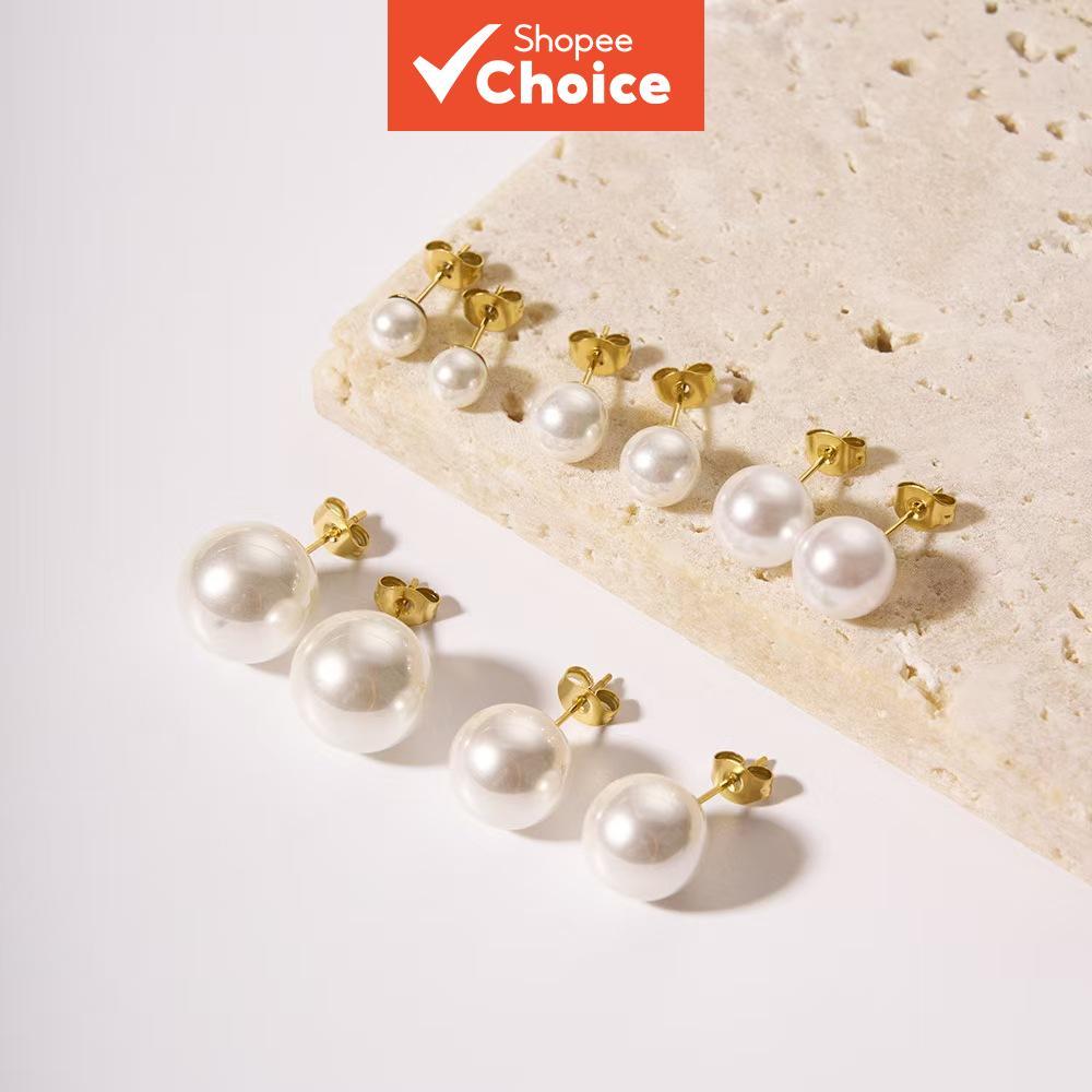 ต่างหูมุกหรูหราฤดูร้อนสําหรับผู้หญิง 18K Gold Plated สแตนเลสสตีลไทเทเนียม Studs ราคา ถูกที่สุด ดีลบีเคเค