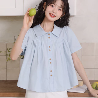 ผู้หญิง ปลอกคอตุ๊กตา เสื้อเชิ้ตแขนสั้น แฟชั่น ผ่อนปรน ท็อปส์ซูสีทึบ