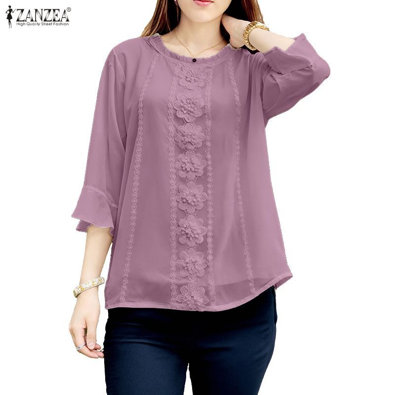 ZANZEA เสื้อลูกไม้สำหรับผู้หญิง แขน 3/4 รอบคอนุ่มนวล สไตล์เกาหลี สีทึบ