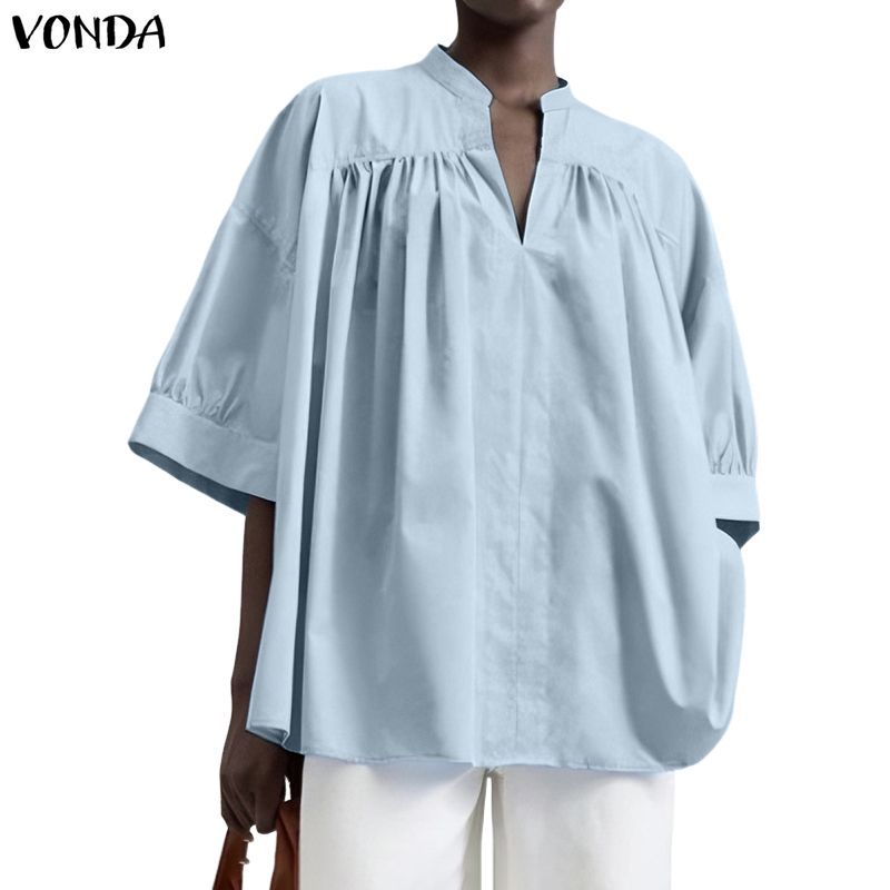 VONDA เสื้อเชิ๊ตผู้หญิง แบบวินเทจ แขนพัฟ pleats splicing สำหรับ daily commute และสวมใส่ลำลอง