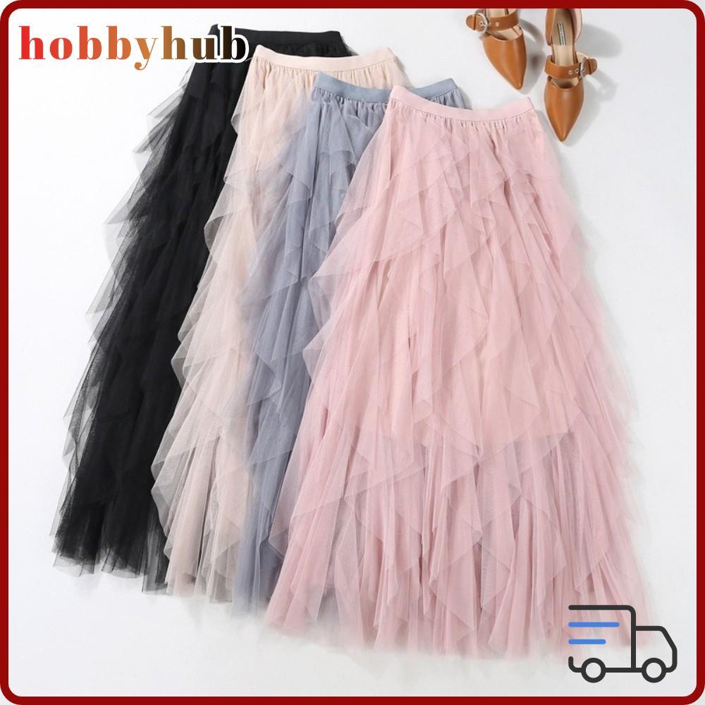 HOBBYHUB กระโปรงทรงเอเอวสูง ยืดหยุ่น มัลติเลเยอร์ พัฟฟี่ทูลล์ กระโปรงยาวสำหรับผู้หญิง