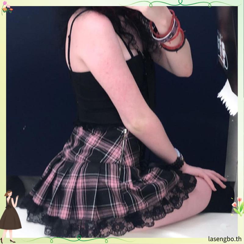 Isitaft Y2K ผู้หญิงกระโปรง,สีชมพูลาย Trim จีบ Lace Up กระโปรง, ความงามเอวสูงมินิน่ารัก Goth ลายสก๊อตลูกไม้กระโปรงฤดูร้อนเครื่องแบบ ราคาถูก Shopee Lazada