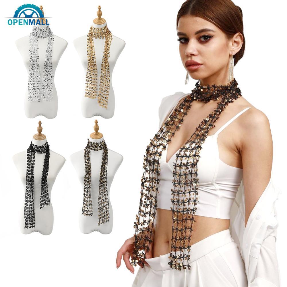 OPENMALL ผู้หญิงเลื่อมเงาผ้าพันคอดอกไม้กลวง Vintage Glitter Embellished คอห่อบางผ้าพันคอ Chic Headwr