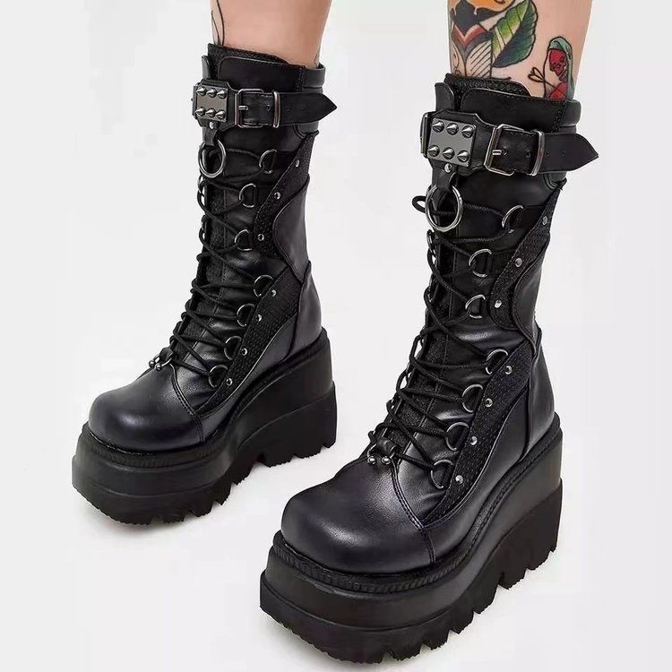 9.5 ซม.หนา Soled รองเท้ารถจักรยานยนต์ y2k Dark Gothic Punk กลาง-หลอดรองเท้าหญิง cos รองเท้าเต้นรํา