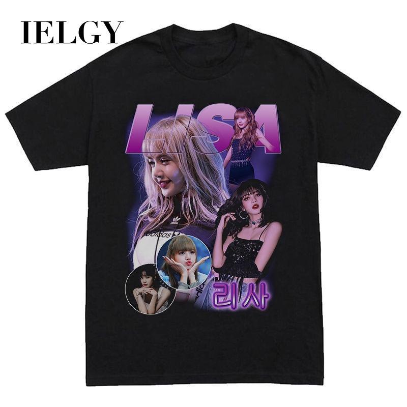 IELGY blackpin LISA Rose jennie jisoo พิมพ์แขนสั้นด้านบนสีดำและสีชมพูพัดลมสนับสนุนเสื้อผ้า INS เกาหล