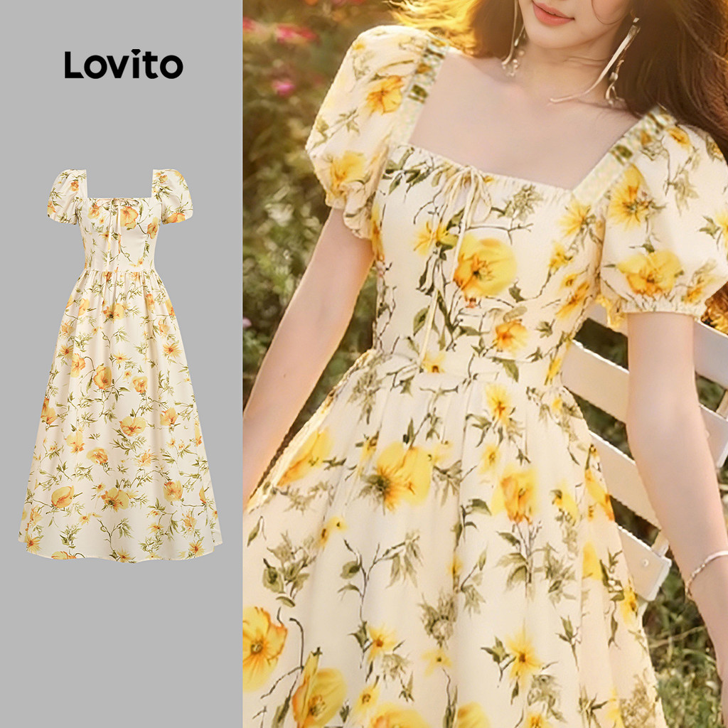 Lovito เดรสลําลองลายดอกไม้โครงสร้างลูกไม้ขึ้นสําหรับผู้หญิงในฤดูใบไม้ผลิ/ฤดูร้อน LK3ED916