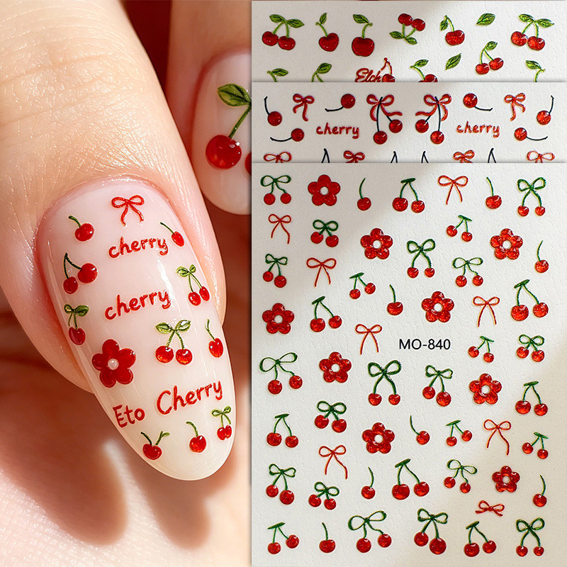 Kawaii สีแดงเชอร์รี่สติกเกอร์เล็บ 3D โบว์ผลไม้ ผีเสื้อ ดอกไม้ DIY ตกแต่ง