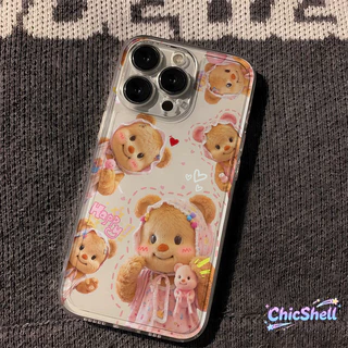 เคสไอโฟน หมวกสีชมพู หมีเนย เคสใส กันกล้อง cho iPhone 11 12 13 14 15 16 ProMax X XR XS Max 7 8Plus-CL